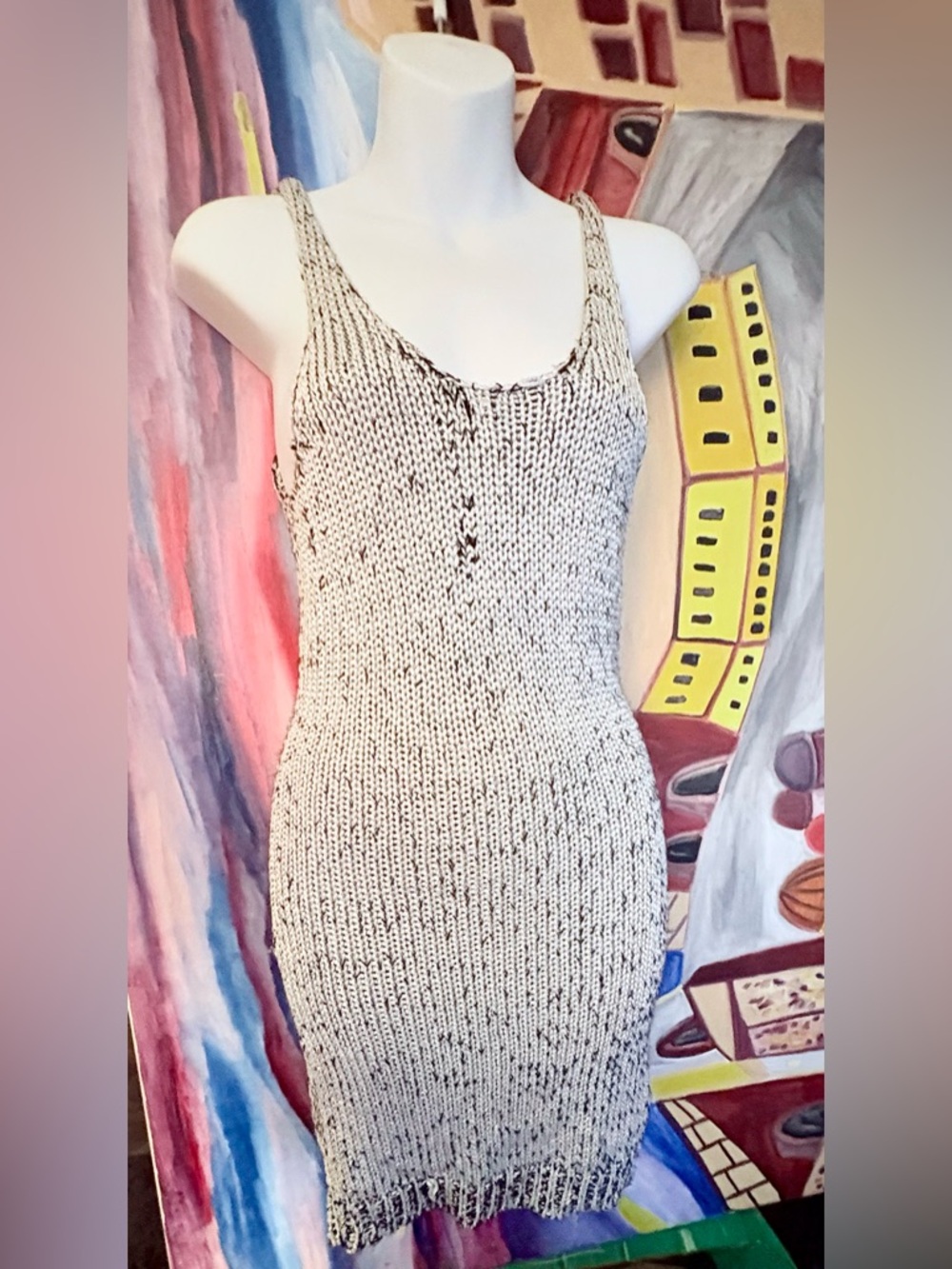 Vintage Knit Sleeveless Bodycon Dress in silver & Black Speckle